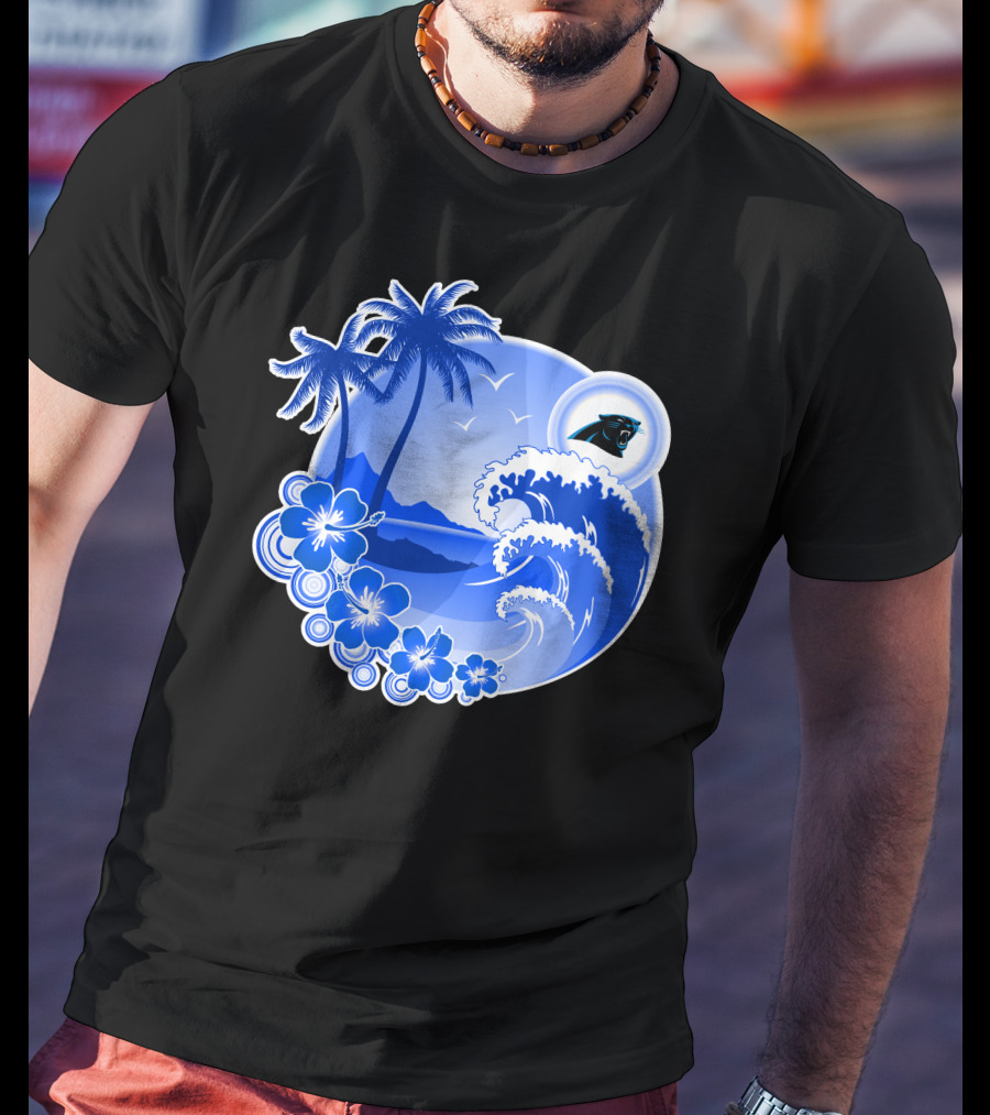 Carolina Panthers Happy Holidays Tropical Wave And Palm Trees T-Shirt
