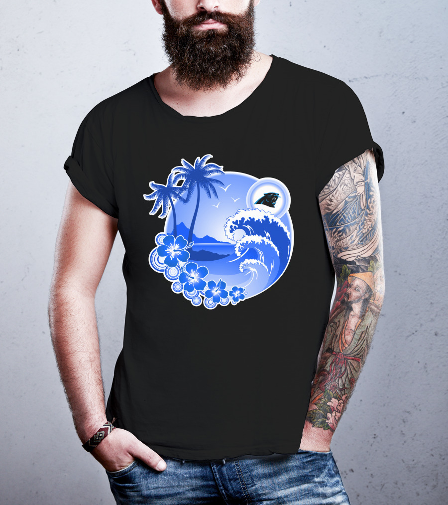 Carolina Panthers Happy Holidays Tropical Wave And Palm Trees T-Shirt