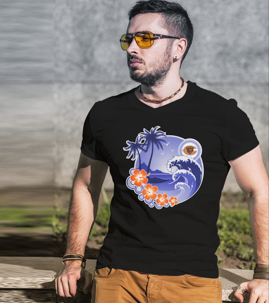 Chicago Bears Happy Holidays Palm Trees And Ocean Wave T-Shirt