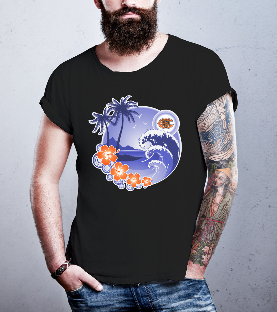 Chicago Bears Happy Holidays Palm Trees And Ocean Wave T-Shirt