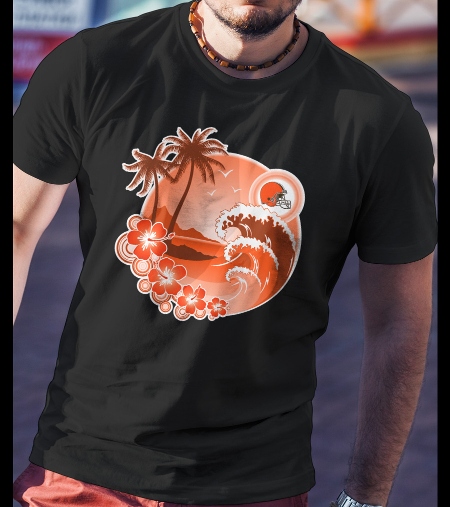 Cleveland Browns Holiday Tropical Beach Scene With Flowers And Helmet T-Shirt