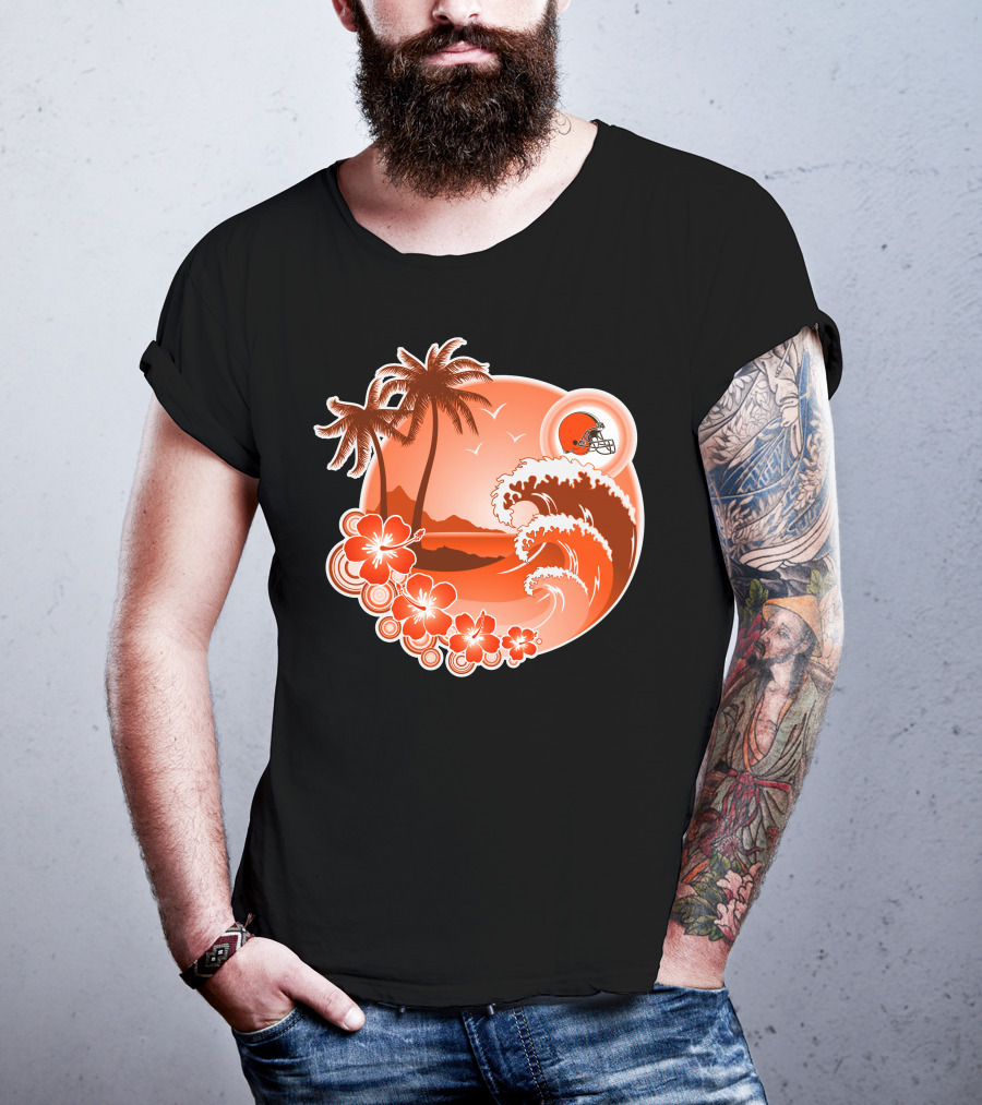 Cleveland Browns Holiday Tropical Beach Scene With Flowers And Helmet T-Shirt