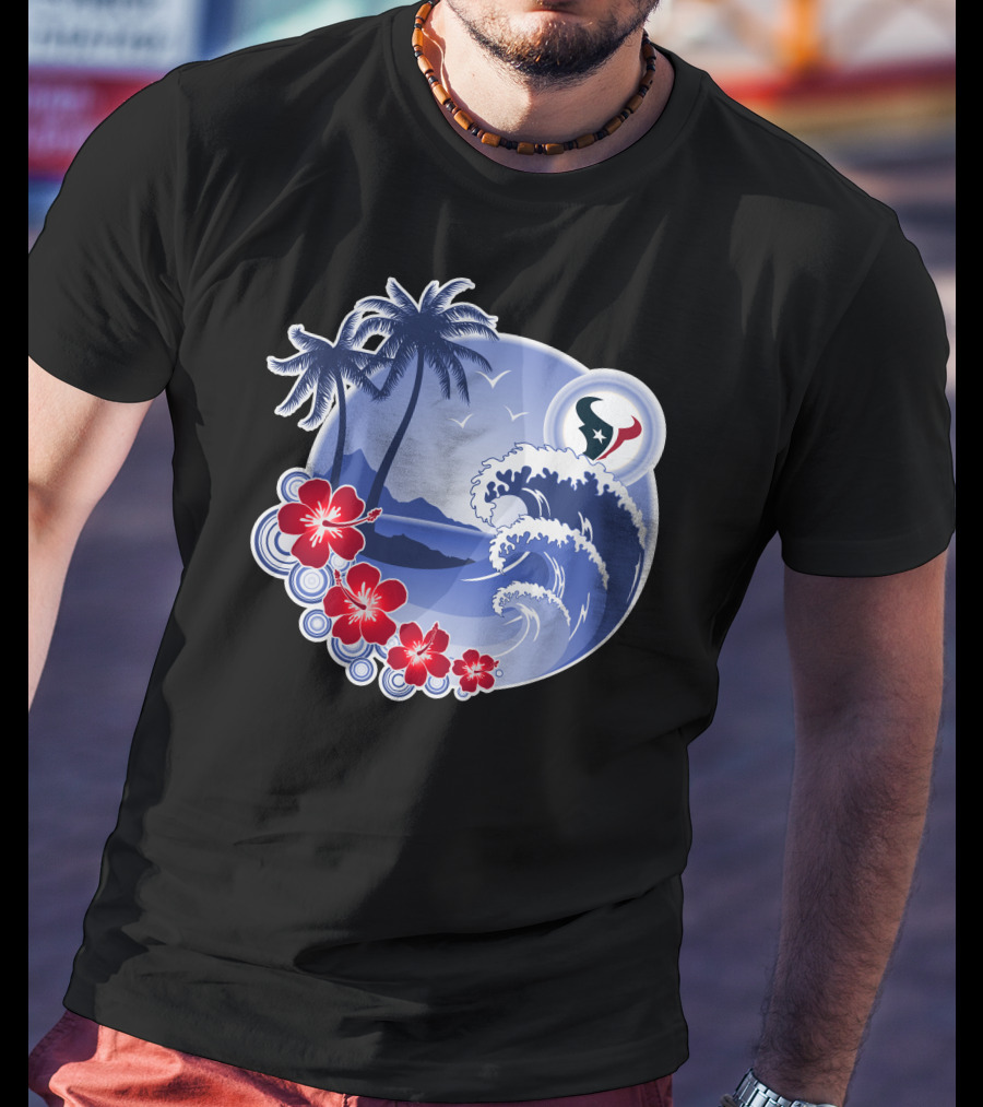 Houston Texans Happy Holidays Tropical Floral Beach Waves T-Shirt