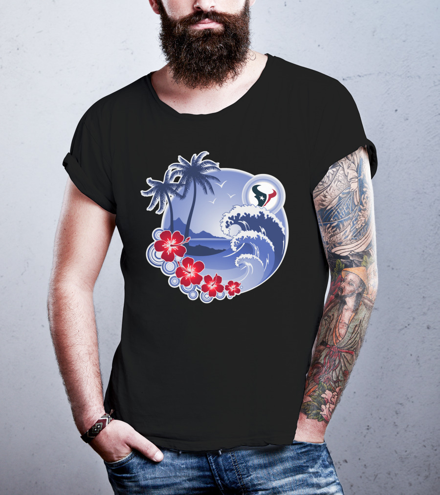 Houston Texans Happy Holidays Tropical Floral Beach Waves T-Shirt