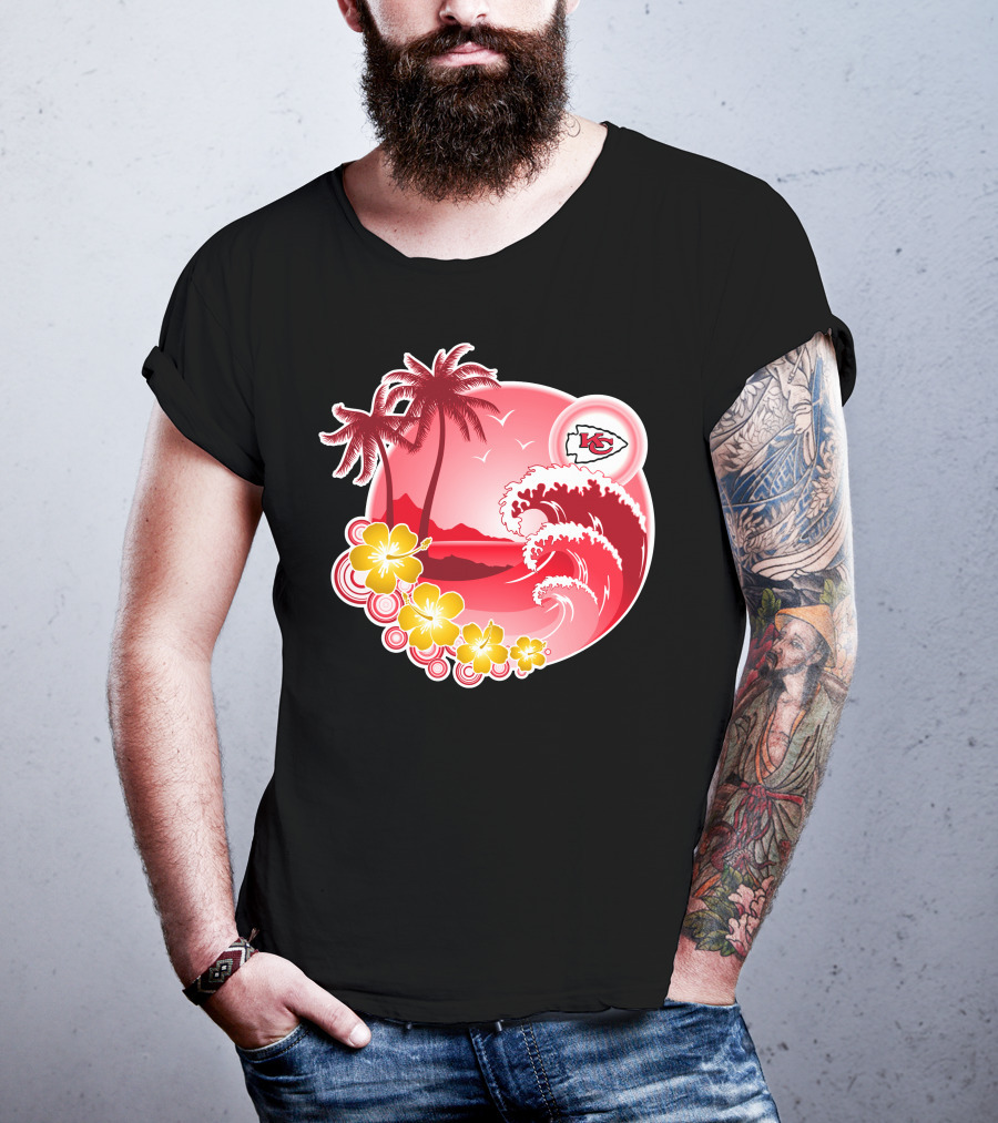 Kansas City Chiefs Happy Holidays Beach Wave Palm Trees Flowers Red T-Shirt