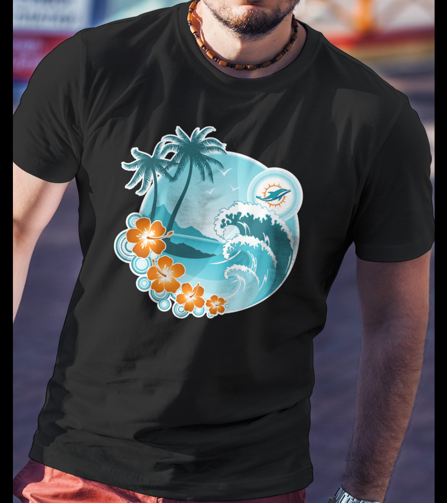 Miami Dolphins Happy Holidays Tropical Wave And Palm Trees Scene T-Shirt