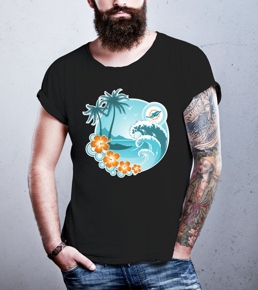 Miami Dolphins Happy Holidays Tropical Wave And Palm Trees Scene T-Shirt