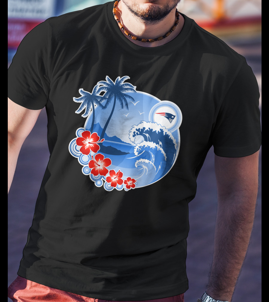 New England Patriots Tropical Beach Waves And Palm Trees Scene T-Shirt