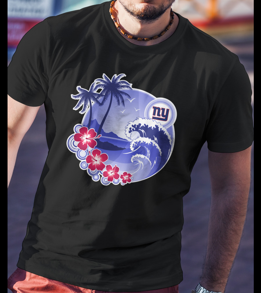 New York Giants Tropical Island Wave And Palm Trees T-Shirt