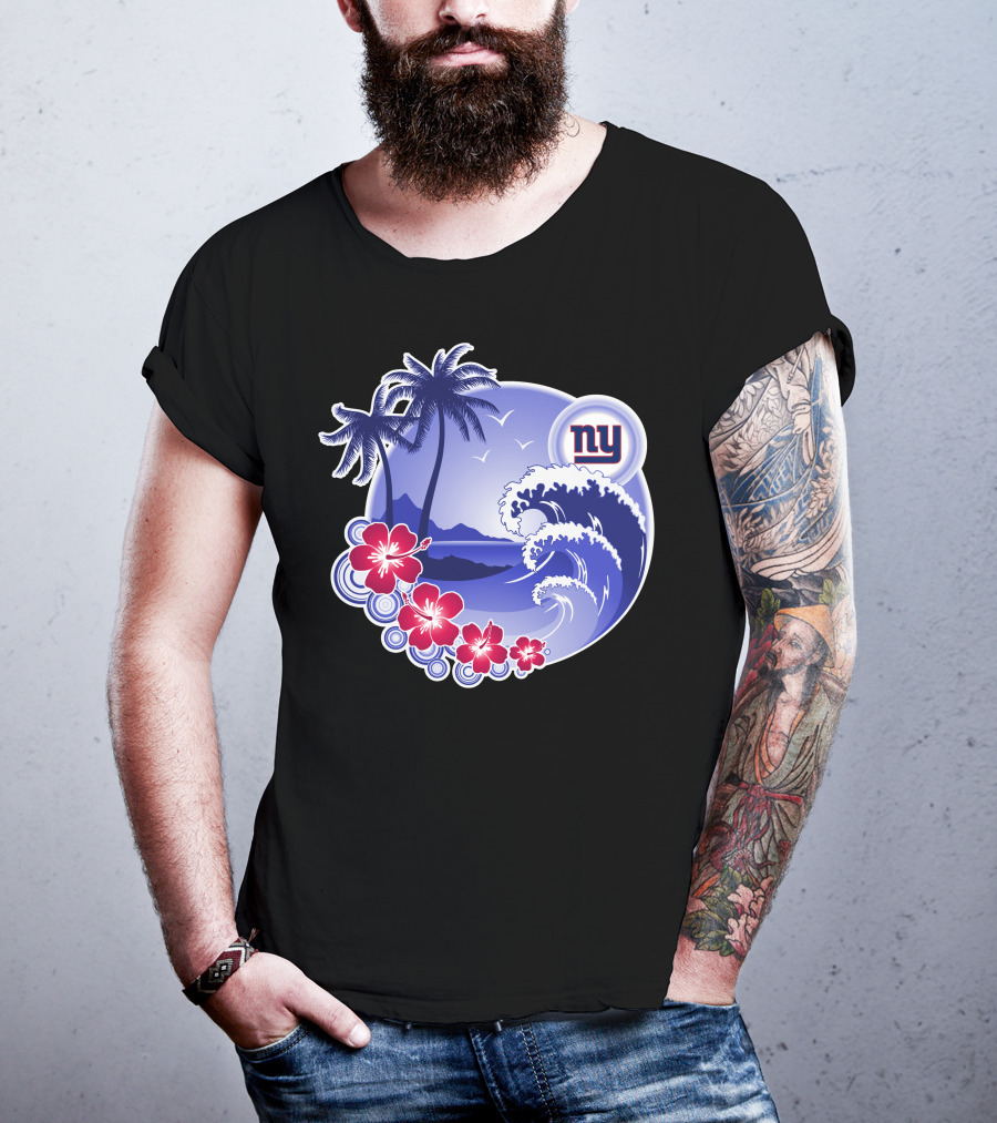 New York Giants Tropical Island Wave And Palm Trees T-Shirt