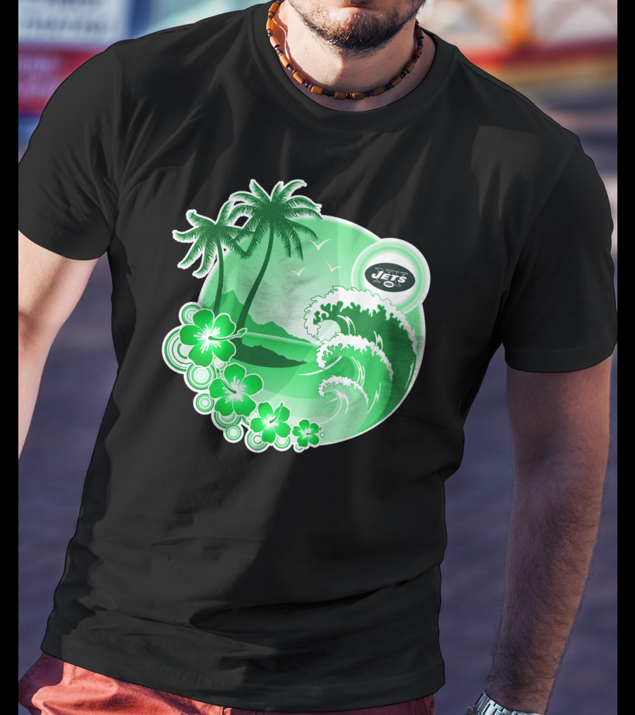 New York Jets Happy Holidays Tropical Waves And Palm Trees T-Shirt