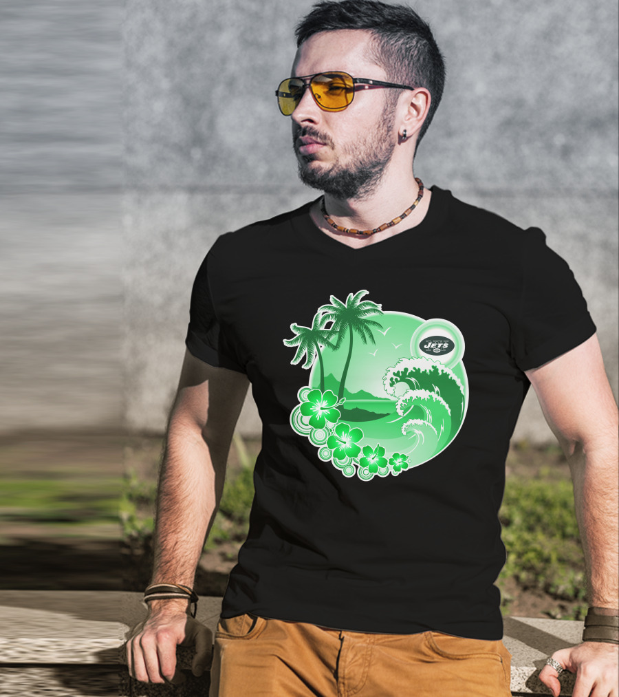 New York Jets Happy Holidays Tropical Waves And Palm Trees T-Shirt