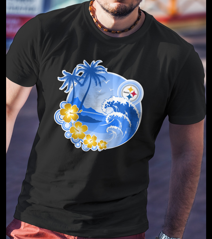 Pittsburgh Steelers Happy Holidays Tropical Waves Palm Trees Flowers T-Shirt