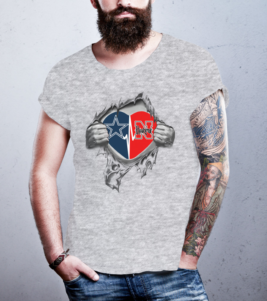 Cowboys Huskers Heart Torn Design Nebraska Cornhuskers Dallas Cowboys Football Fan Love T-Shirt