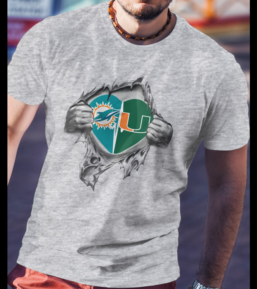 Dolphins Miami Hurricanes Heart Logo Tear T-Shirt
