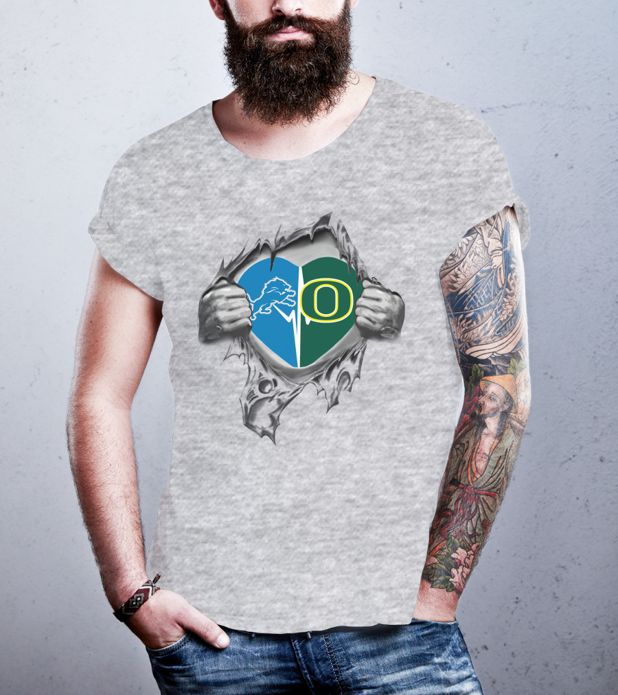 Lions Oregon Ducks Heart Design With Torn Effect And Team Logos T-Shirt