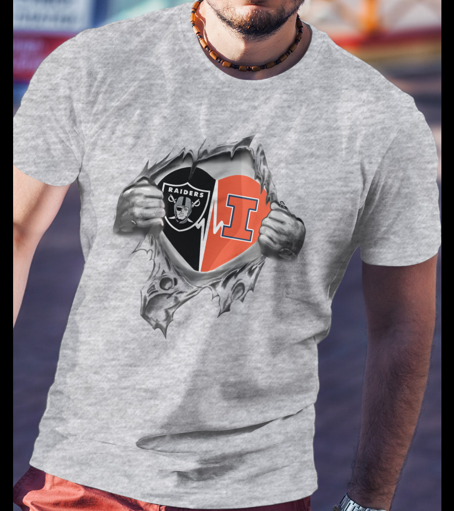 Raiders Illinois Fighting Illini Heartbeat Symbol With Logos T-Shirt