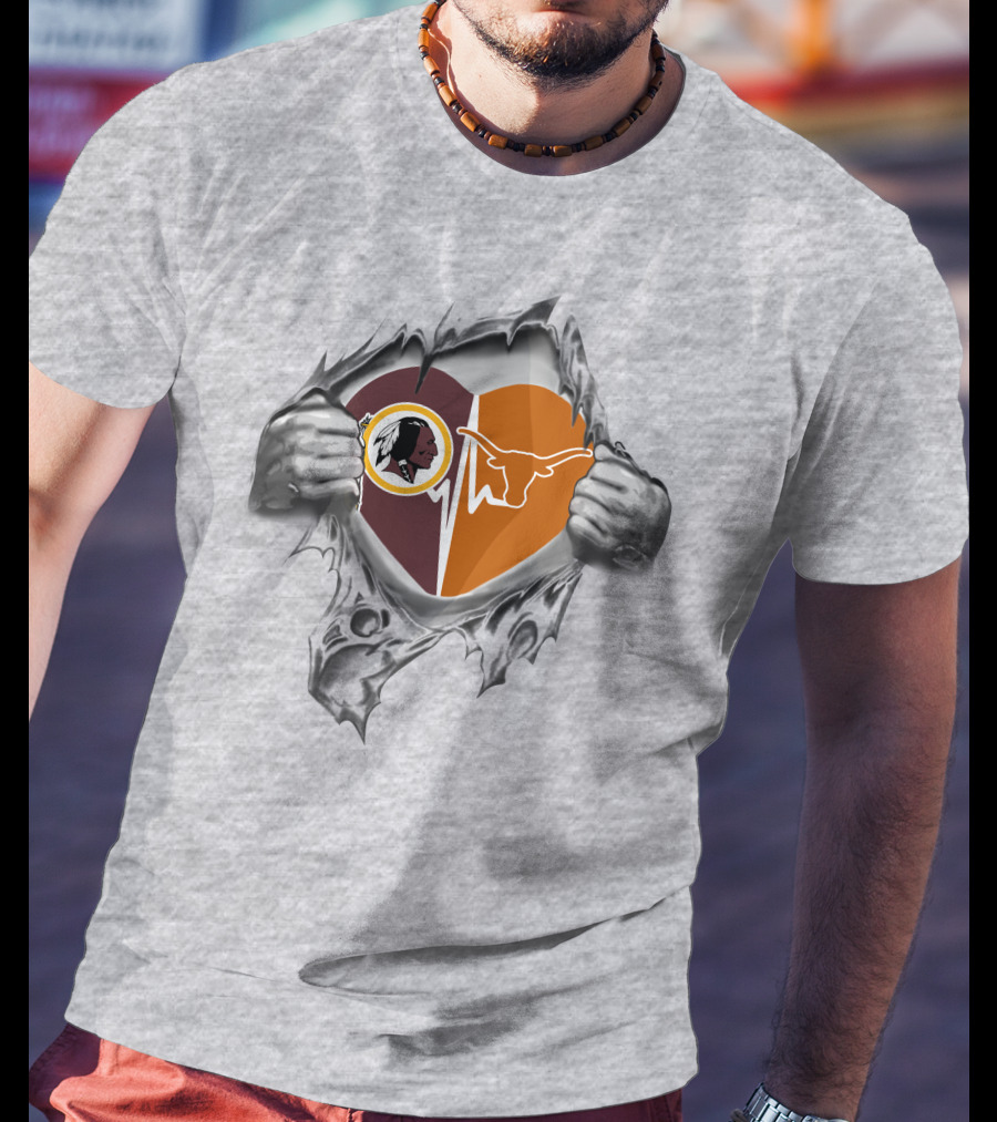 Redskins Texas Longhorns Heartbeat Design With Torn Effect T-Shirt