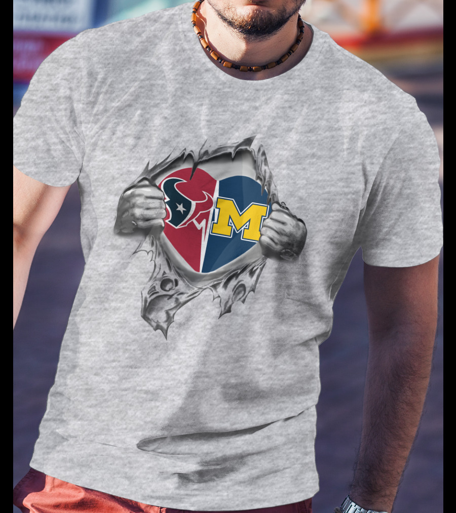Texans Michigan Wolverines Heart Inside Revealed By Ripped Hands T-Shirt