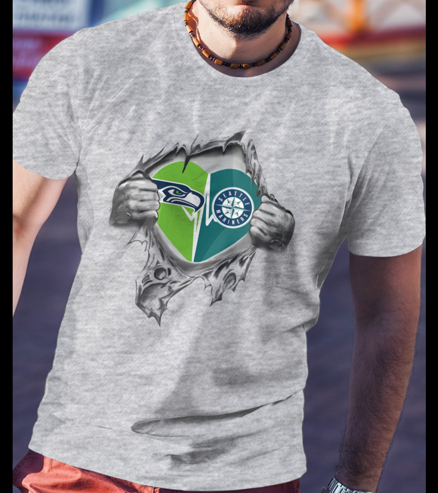 Seattle Seahawks Mariners Heart Design 48 Tear Reveal T-Shirt