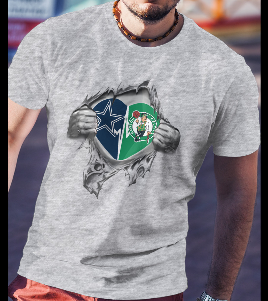 Cowboys Boston Celtics Heart Silver Torn Fabric Hands T-Shirt