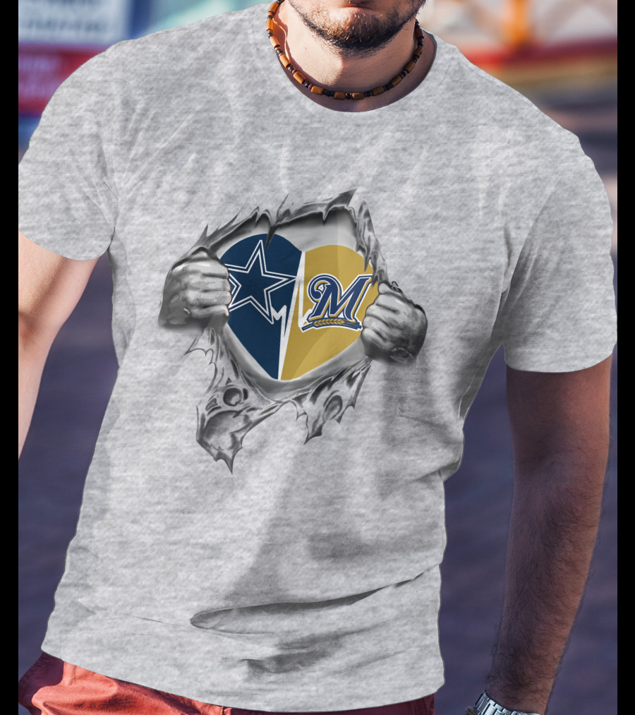 Cowboys Milwaukee Brewers Heart Design With Teams' Logos Inside Torn Effect T-Shirt