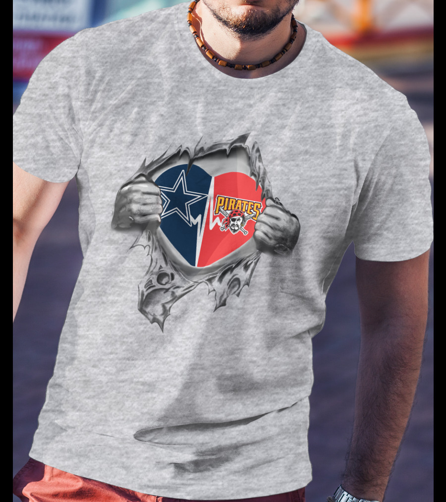 Cowboys Star And Pittsburgh Pirates Skull Heart Ripped Open By Hands T-Shirt