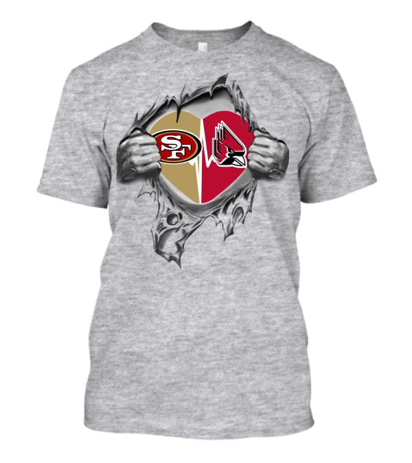 49ers Ball State Cardinals Heart Logo Hands Tearing T-Shirt