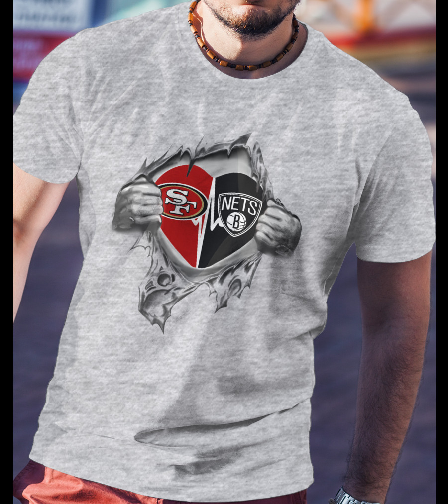 49ers Brooklyn Nets Heart Logo Rip T-Shirt