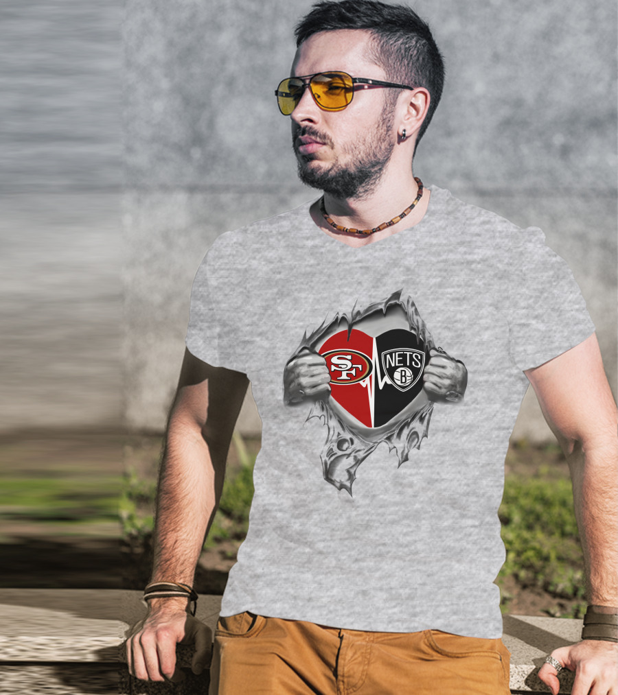 49ers Brooklyn Nets Heart Logo Rip T-Shirt
