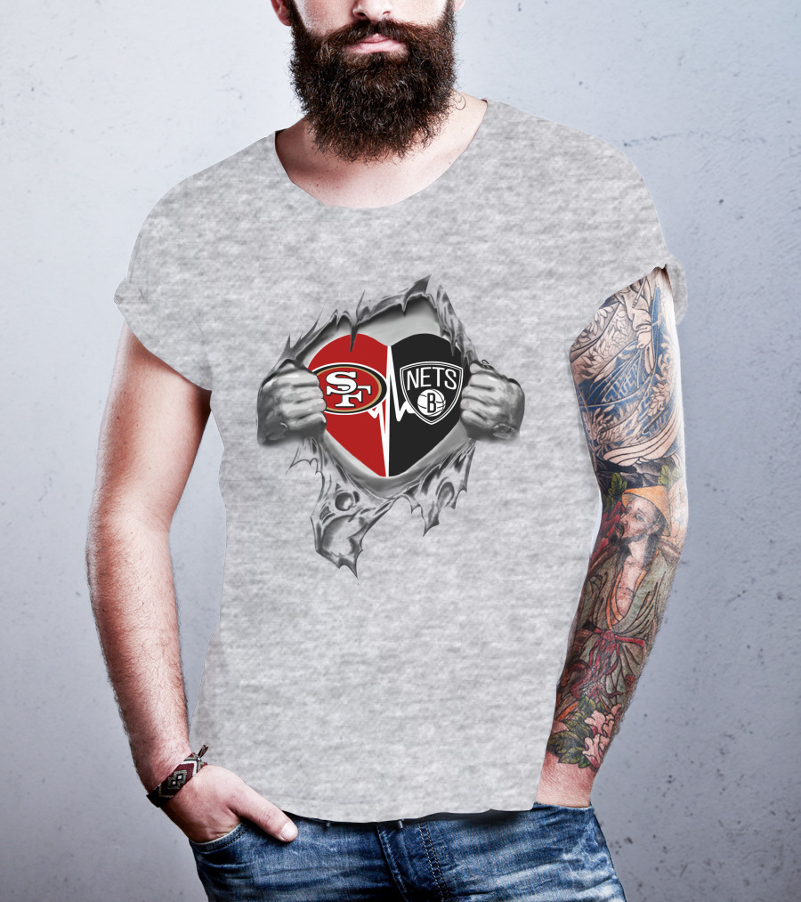 49ers Brooklyn Nets Heart Logo Rip T-Shirt