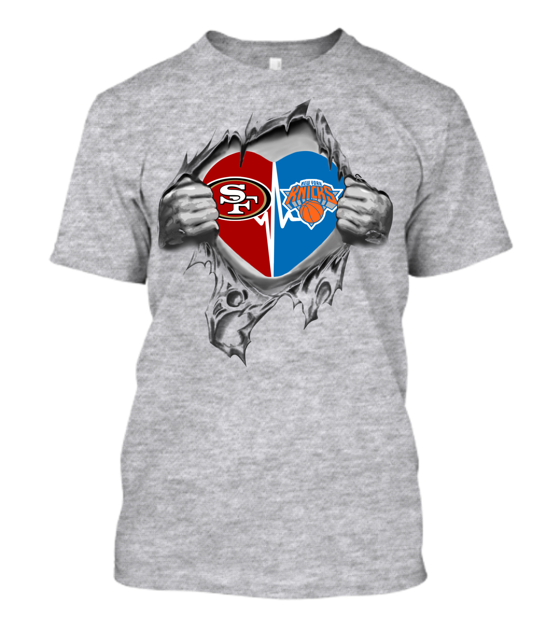 49ers New York Knicks Heart Logos Inside Torn Metal Hands T-Shirt