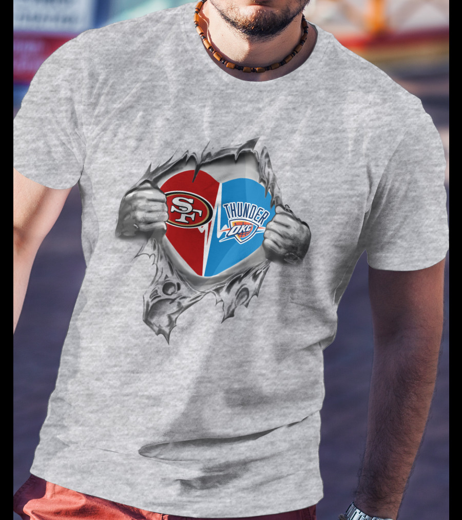 49ers Oklahoma City Thunder Heart Torn Open Logo Fusion T-Shirt