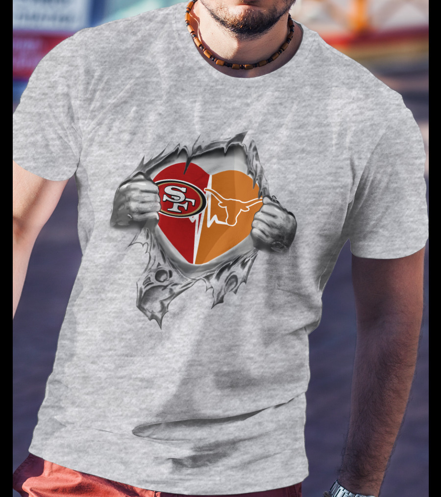49ers Texas Longhorns Heart Logo Peeling T-Shirt