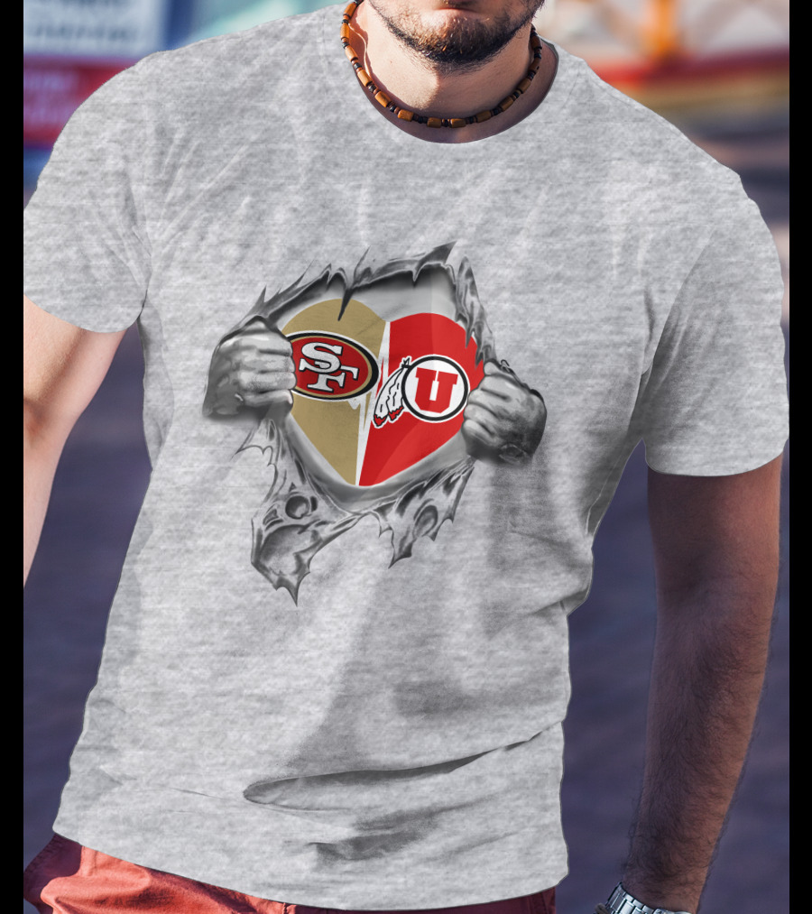 49ers Utah Utes Heart Passion With Logos And Ripping Hands T-Shirt