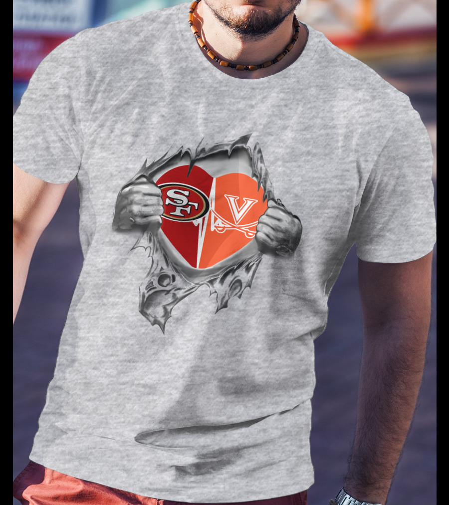 49ers Virginia Cavaliers Heart Logos In Torn Fabric T-Shirt