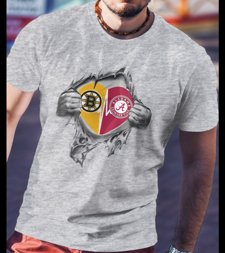 Boston Bruins And Alabama Crimson Tide Heart Torn T-Shirt