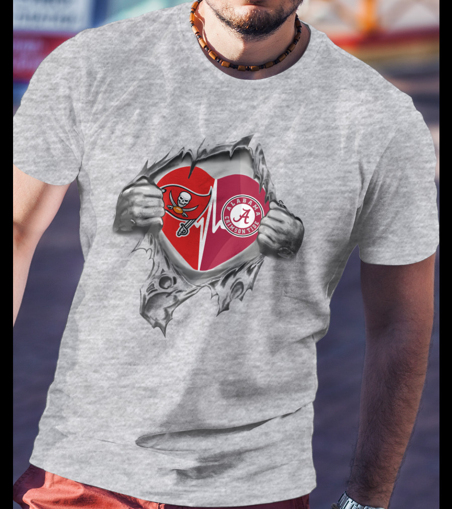 Buccaneers Alabama Crimson Tide Heart Symbol With Torn Fabric T-Shirt
