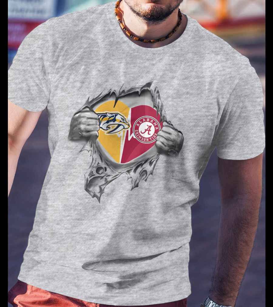 Nashville Predators Alabama Crimson Tide Heart Logo Inside Ripped T-Shirt