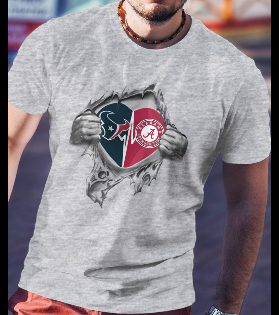 Texans And Alabama Crimson Tide Heart Symbol With Torn T-Shirt