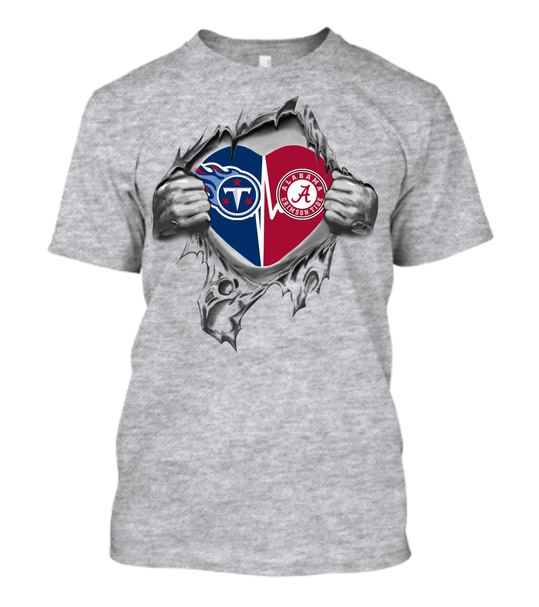 Titans And Alabama Crimson Tide Heart Design With Logo Tear Effect T-Shirt