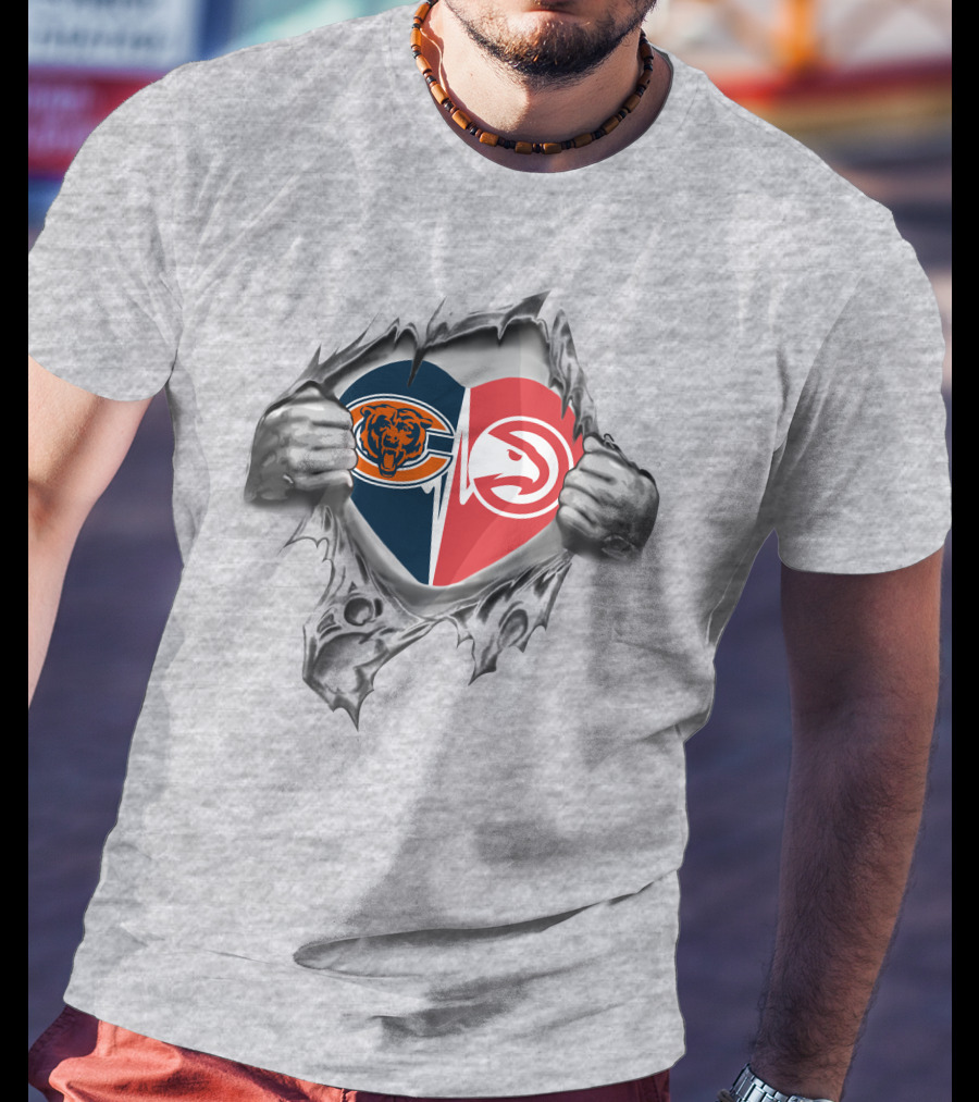 Bears Atlanta Hawks Heart Logo Torn Gray T-Shirt