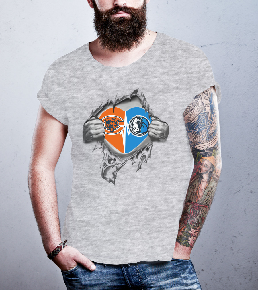 Bears Dallas Mavericks Heart With Logos Torn T-Shirt