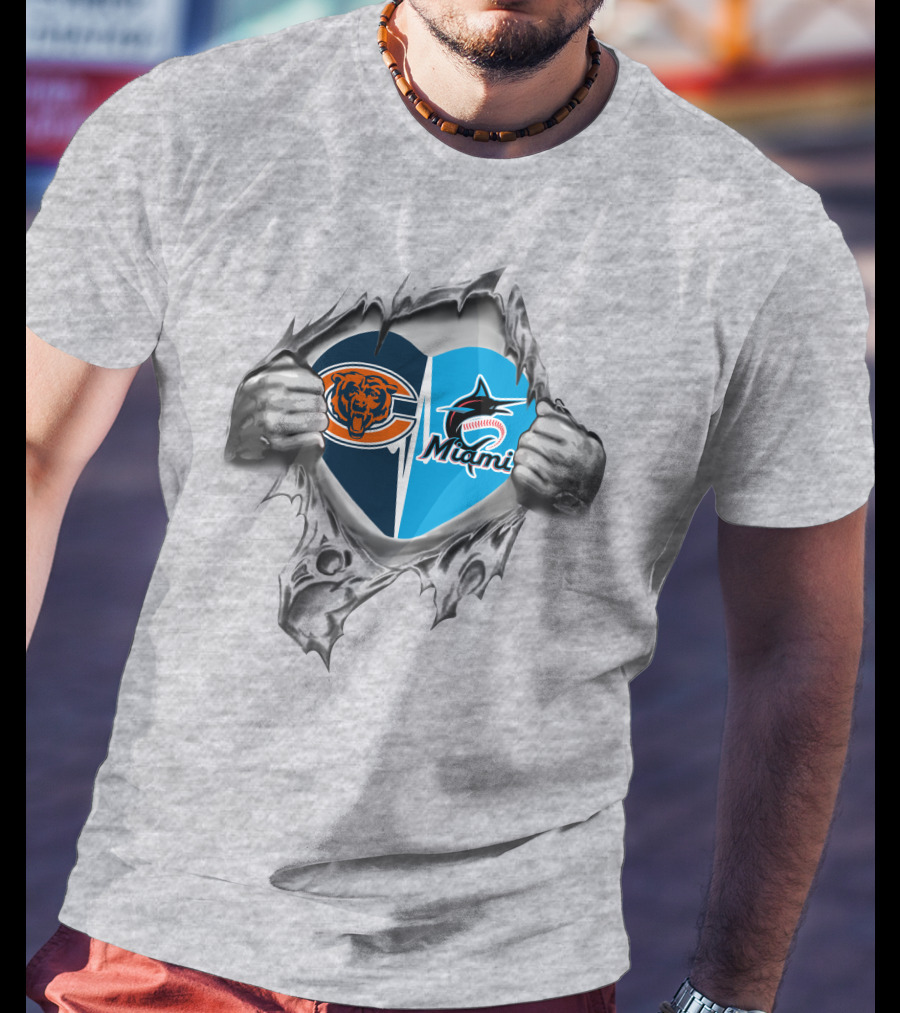 Bears Miami Marlins Heart Torn Open With Logos T-Shirt