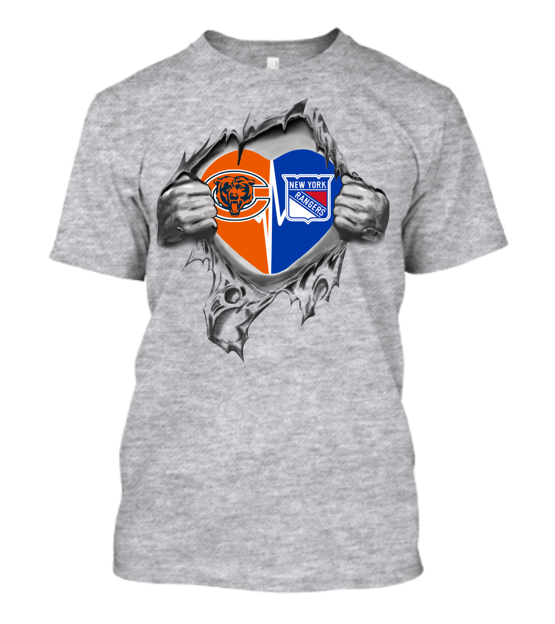 Bears And New York Rangers Heart Logo Split With Hands T-Shirt
