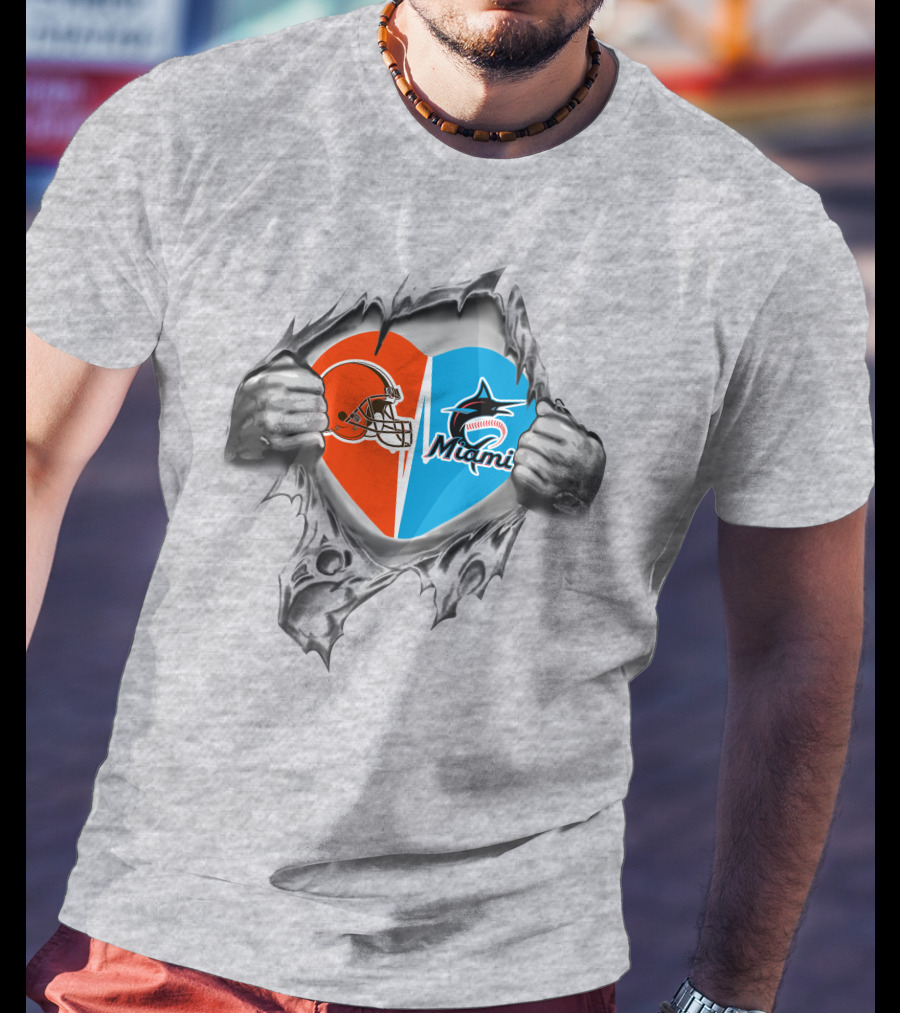 Browns Miami Marlins Heart Logo Reveal T-Shirt
