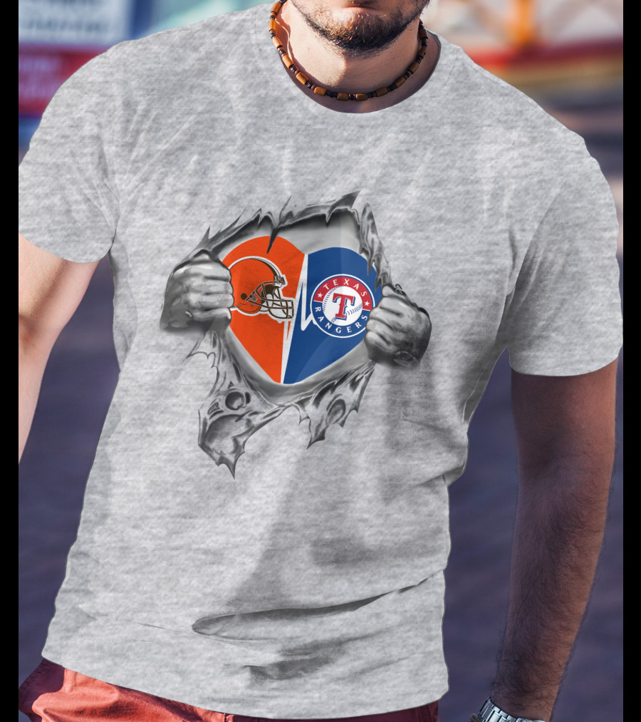 Browns And Texas Rangers Heart Design Football Baseball Fan Passion T-Shirt