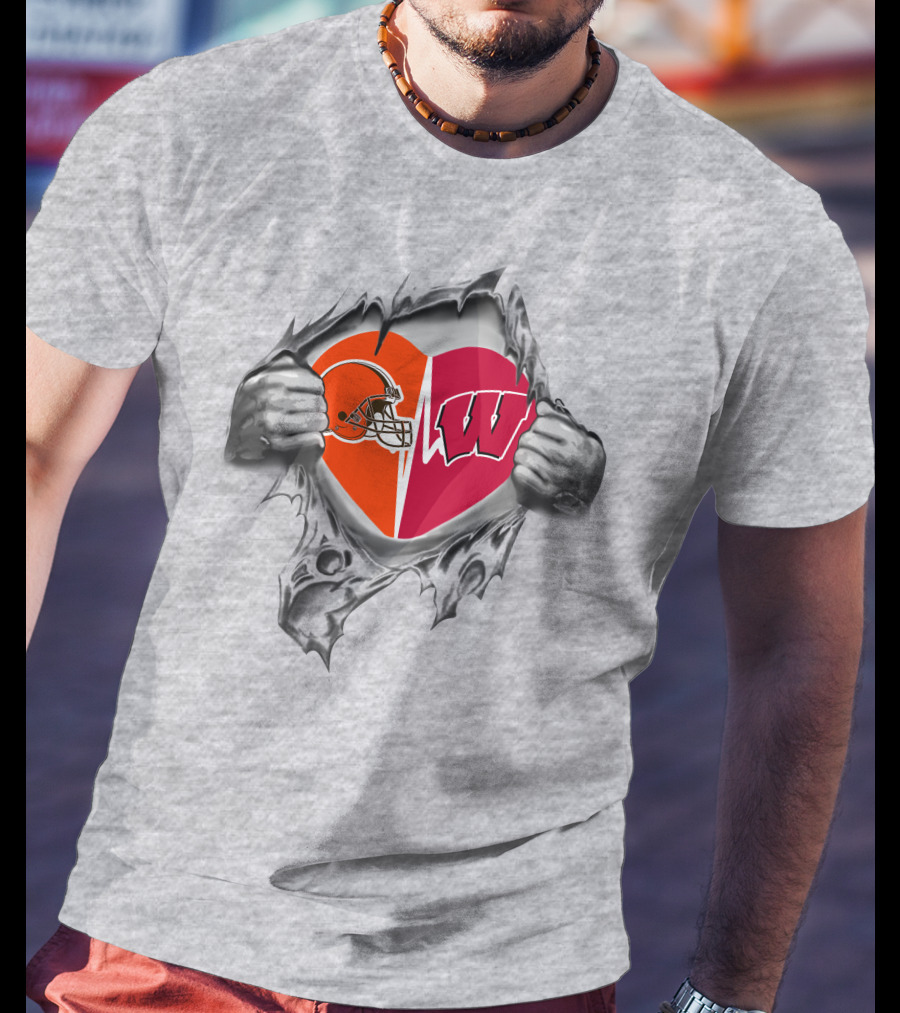 Browns Wisconsin Badgers Heart Logos Together Forever T-Shirt