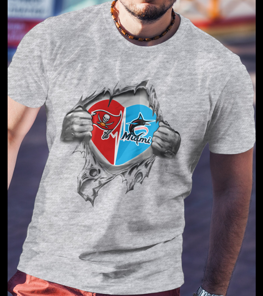 Buccaneers And Miami Marlins Heart Rip T-Shirt