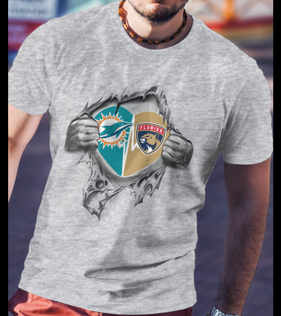 Dolphins And Florida Panthers Heart Design 27 Connection T-Shirt
